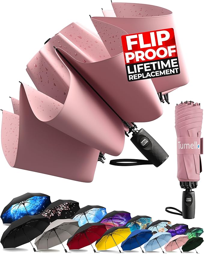 TUMELLA Flip-proof Inverted Travel Umbrella, Small Strong but Light Portable and Automatic Reverse Folding Rain Umbrella, Durable Premium Grip, Fits Car & Backpack
