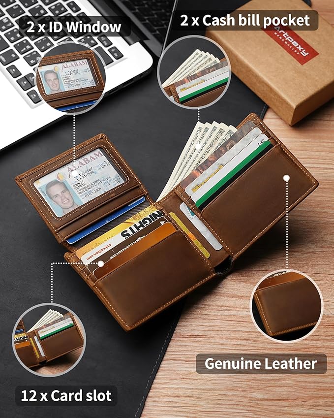 Artpaxy Mens Wallet Bifold Genuine Leather RFID Blocking Wallet for Men with 2 ID Windows 12 Card Holders 2 cash pockets 1 Gift Box