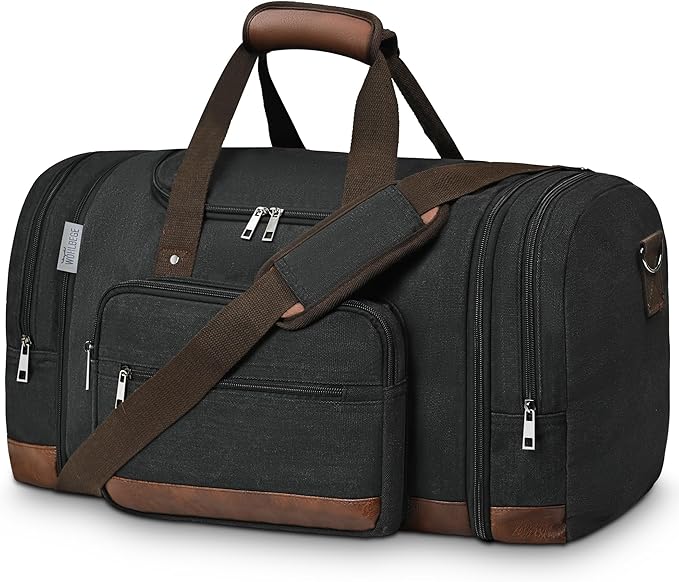 Wohlbege Duffle Bag for Travel,Overnight Weekend Gym Carry On Luggage Bag, 50L Canvas Travel Duffel Bag for Men Women, Expandable Spacious Travel Duffel Bag, Black