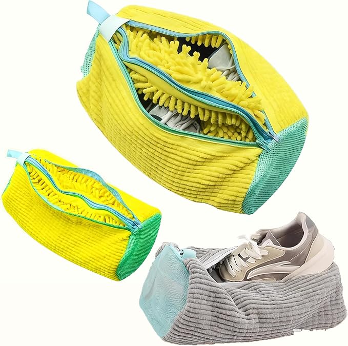 Lazy Shoe Wash Bag – Dual Zipper Chenille Shoe Laundry Bag with Dual Pockets, Anti-Deformation Mesh Wash Bag for Machine Washing Sneakers, Running Shoes & Kids’ Shoes, Gray