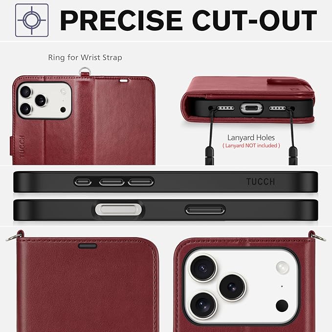 TUCCH Case Wallet for iPhone 17 Pro (6.3-Inch) 2025, Wrist Strap | Stand | RFID Blocking | 4 Card Holders | TPU Shockproof Inner Shell | PU Leather | Magnetic Folio Cover | Dark Red