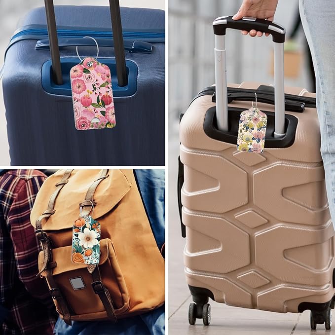 Rimilak 3 Pcs PU Leather Luggage Tags for Suitcase, Travel Cruise Luggage Tag with Privacy Flap, Name ID Label and Metal Loop for Women Men Baggage Handbag School Bag Backpack, Colorful Flower