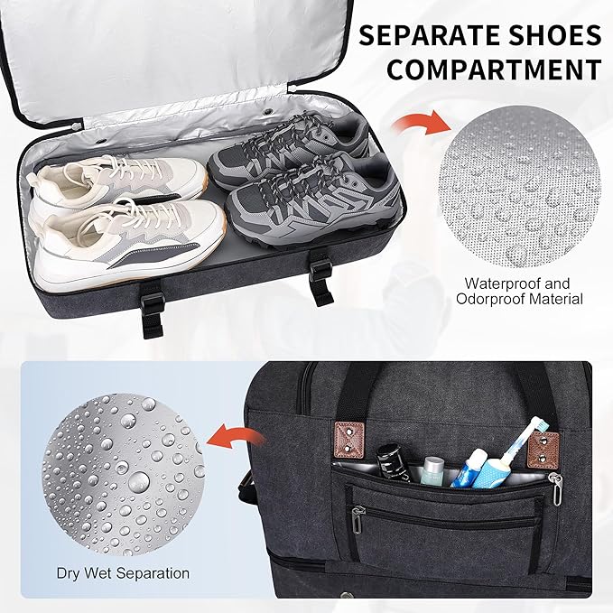 WITZMAN Canvas Weekender Bag Mens Overnight Bag for Traveling Carry on Duffle Bags with Shoes Compartment（A8010 Classic Black）