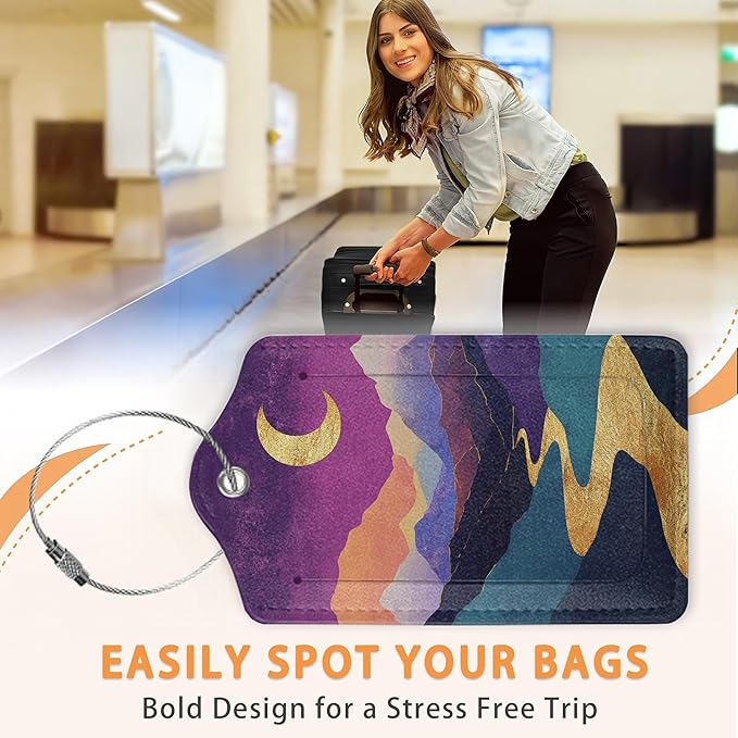 Colorful Abstract Mountain 3 Pack PU Leahter Luggage Tag with Stainless Steel Loop, Bold Golden Sun Crescent Moon Travel Suitcase Labels with Privacy Cover ID Label Quickly Spot for Bags
