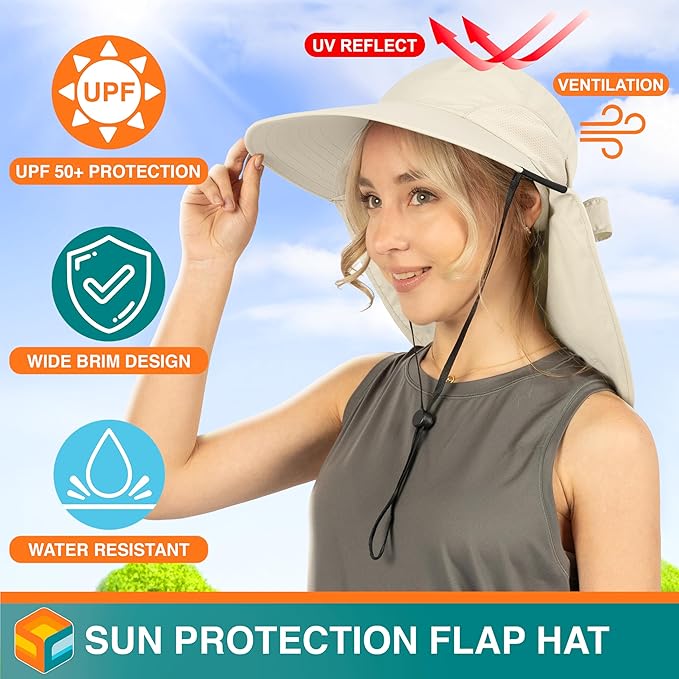 SUN CUBE Wide Brim Sun Hat with Neck Flap, UPF50+ Hiking Safari Fishing Hat for Men Women, Sun Protection Beach Hat
