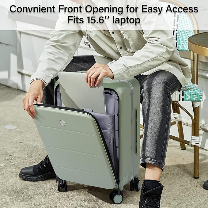 MILADA Carry On Luggage 22x14x9 Airline Approved Spinner Wheels TSA Luggage 20 Inch Hard Shell Suitcases Front Opening Pocket Rolling Aluminum Frame Travel Luggage, Bamboo Green