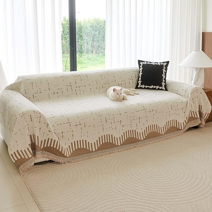 Couch Cover for 3 Cushion Sofa Pet Friendly Furniture Covers, Chenille Sofa Covers Washable L Shape, Boho Couch Blanket Cover with Tassel Decoration, 71"x 134", Light Brown