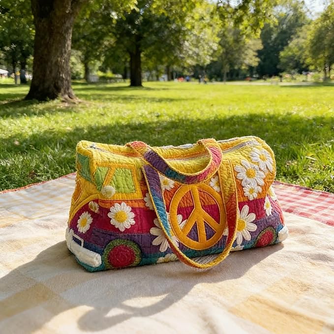 Hippie Journey Quilted Duffel Bag Hippie Van Travel Duffel Bag Vintage Floral Weekender Overnight Bags Women Gym Bags