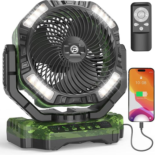 40000mAh Camping Fan with Light - 12in Rechargeable Battery Powered Fan (136H Cool Max), 90°Auto Oscillating with Remote & Charger, 4 Speeds & Timers for Outdoor/Patio/Garage/Jobsite/Hurricane/Outage