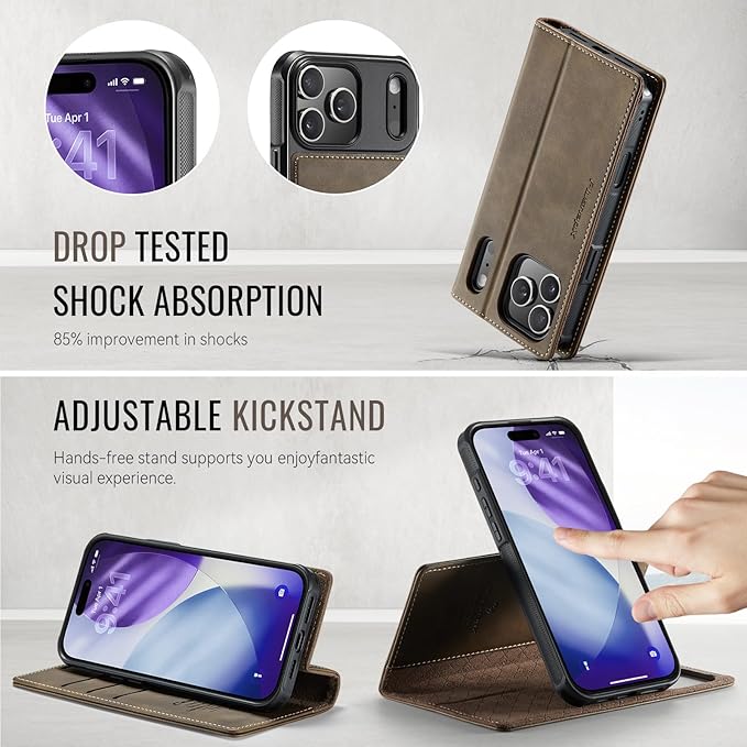 PlusnapX Wallet Case for iPhone 17 Pro Max Compatible with Magsafe, 2-in-1 PU Leather Flip RFID Blocking Card Holder Stand Shockproof Magnetic Detachable Cover for iPhone 17 Pro Max Case 6.9", Brown