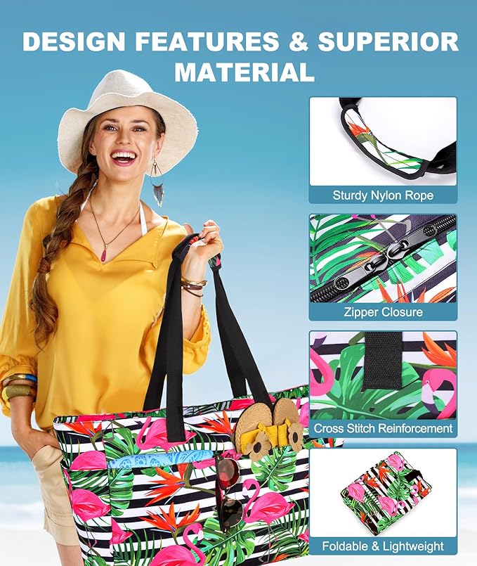 Extra Large Beach Bag Waterproof Beach Totes Bags for Women, Lightweight Foldable Pool Bag with Zipper Wet Compartment