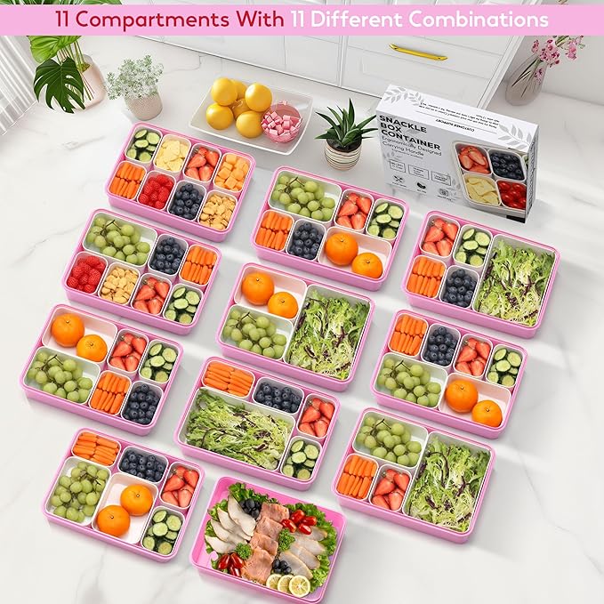 Snackle Box Container for Adults, 11 in 1 Divided Serving Tray Snack Box Containers with Stackable Compartment and Handle, Customizable Charcuterie Boxes Portable Snack Platter for Party Travel, Pink
