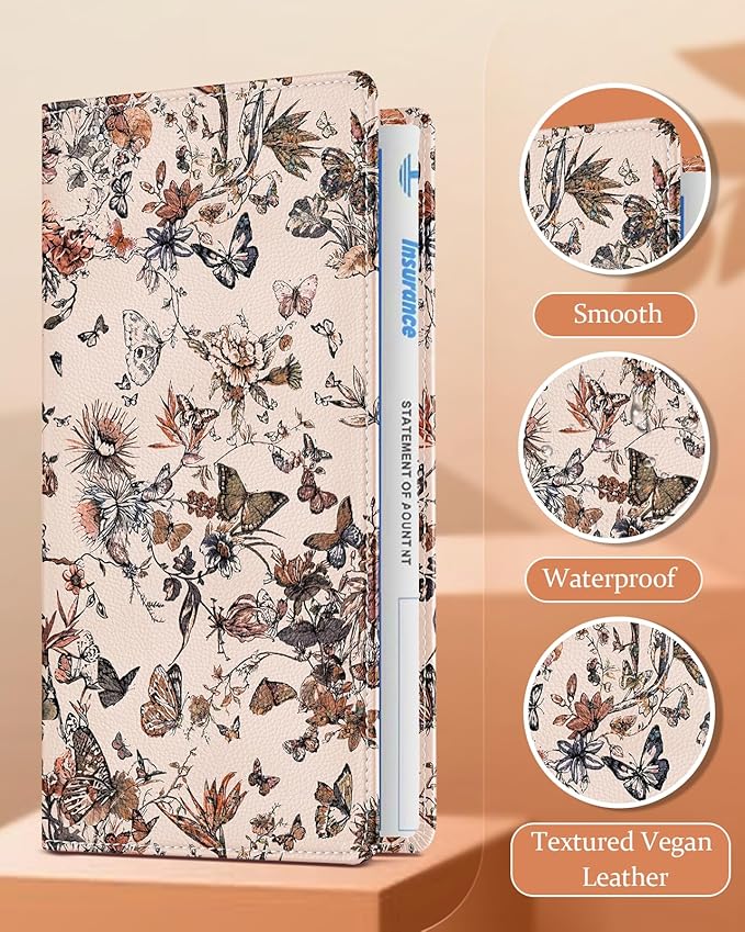 Slohif Car Registration and Insurance Holder - Vintage Vehicle Glove Box Organizer Women with Magnetic Shut Leather Automobile License Holders Coasters Auto Accessories Case for Document