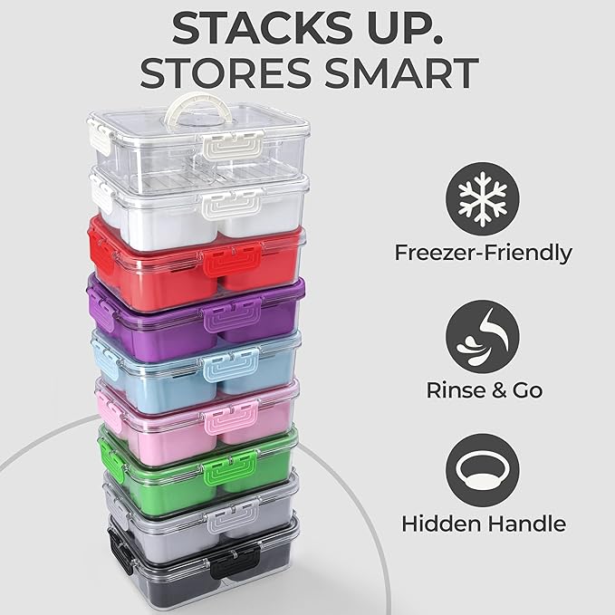 Snackle Box Container with Lid- Travel Charcuterie Box with Handle - Organizer for Candy, Fruit, Nuts, Veggies, Snacks, Beach Essentials, Portable Lunch Box (Clear, Small)