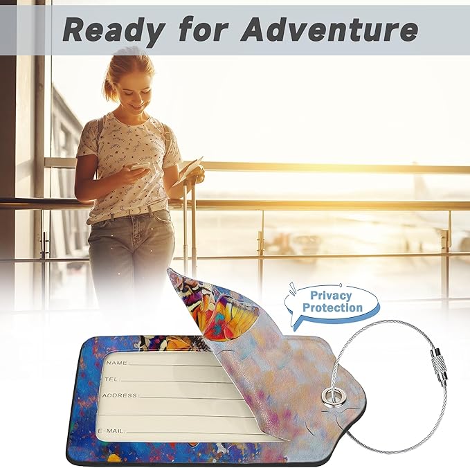 2 Pack Luggage Tag for Suitcase, Abstract Colorful Butterfly Leather Bag Tags Identifiers Privacy Cover ID Label with Durable Steel Loop for Women Men Kids Girls Travel