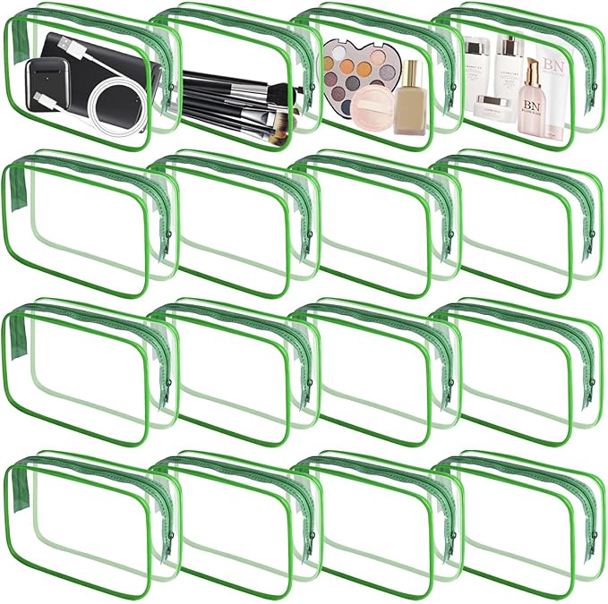 16 Pieces Clear Makeup Bag PVC Zippered Clear Toiletry Carry Pouch Portable Cosmetics Bag Waterproof Makeup Bag Vinyl Plastic Organizer Case for Travel Vacation Bathroom (Green-M)