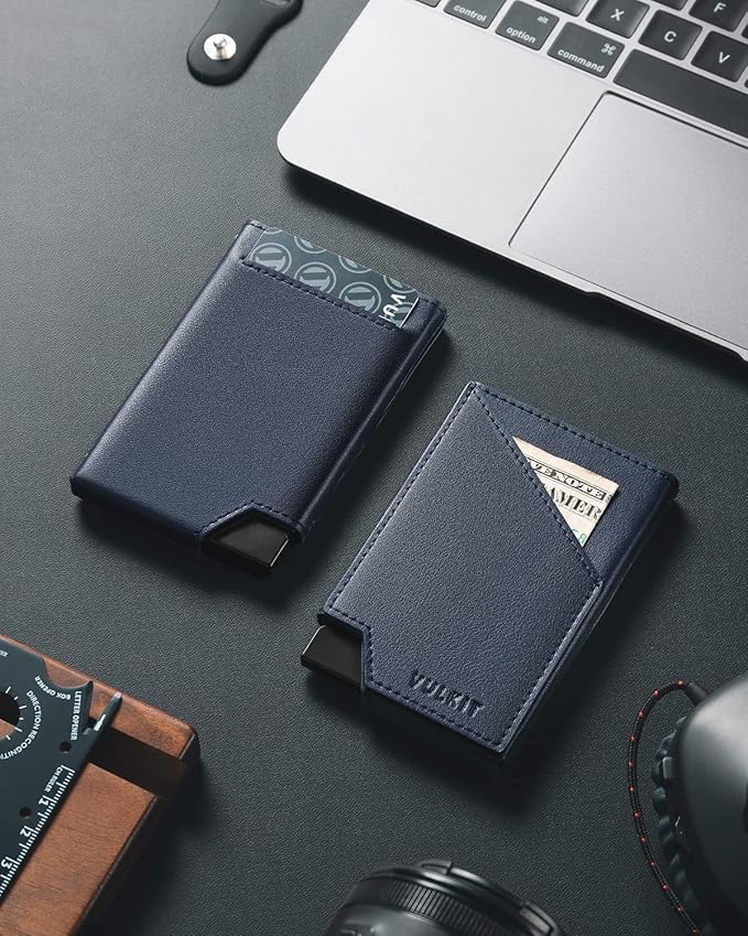 VULKIT Pop up Card Wallet RFID Blocking Slim Aluminum Metal Bank Card Holder Case with Business Money Pocket for Credit Cards Notes and Coins (Navy)