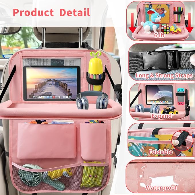 Etre Jeune Car Backseat Organizer with Tray, Seat Back Table Holder with 6 Storage Pockets, Car Seat Back Protectors Kick Mats Travel Accessories, 2 Pack Pink