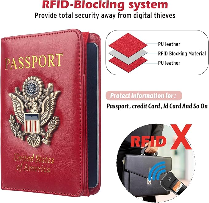 Coowayze US Passport Holder Wallet for Travel Men Women Red RFID Passport Cover Case, Waterproof Red Leather Passport Book Protector with Vaccine Card Slot Travel Document Organizer