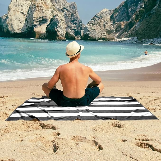 Cotton Oversized Beach Towel - 40 x70 Inch Extra Large Striped Pool Towel, Big Soft Terry Cloth Black Cabana Swim Towel