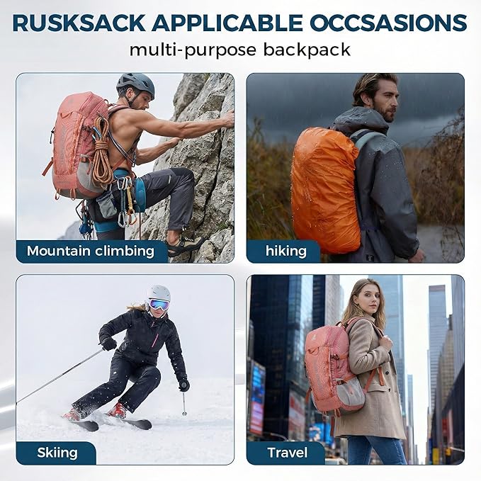 Bseash 45L Waterproof Hiking Camping Backpack with Rain Cover, Outdoor Sport Travel Bag Daypack for Climbing Skiing Cycling (Pink)