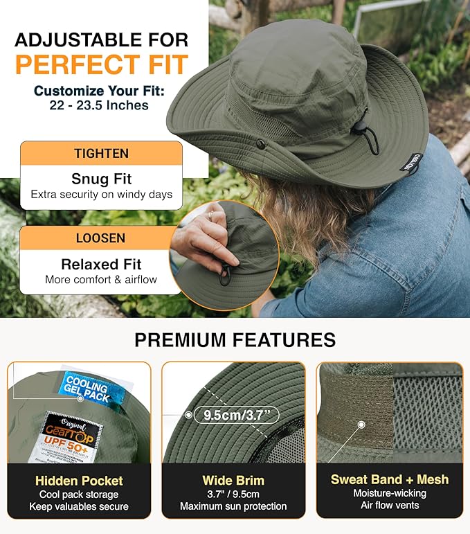 GearTOP Safari Hat for Men Sun Hats for Women UV Protection UPF 50+ Fishing, Gardening, Hiking Hat (22-23 1/2")