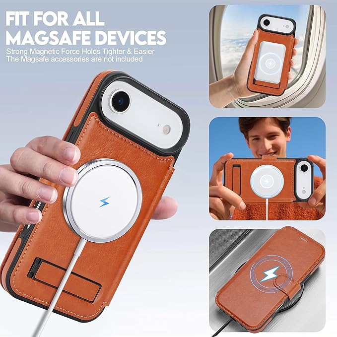 CIVICASE for iPhone Air Wallet Case with Stand,PU Leather Flip Credit Card Holder Slots (RFID Blocking),Compatible with Magsafe Magnetic Holder Phone Cover Women Men,Brown
