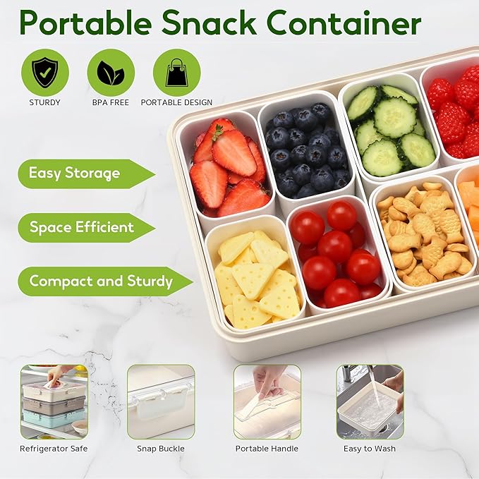Snackle Box Container for Adults, 11 in 1 Divided Serving Tray Snack Box Containers with Stackable Compartment and Handle, Customizable Charcuterie Boxes Portable Snack Platter for Party Travel, White