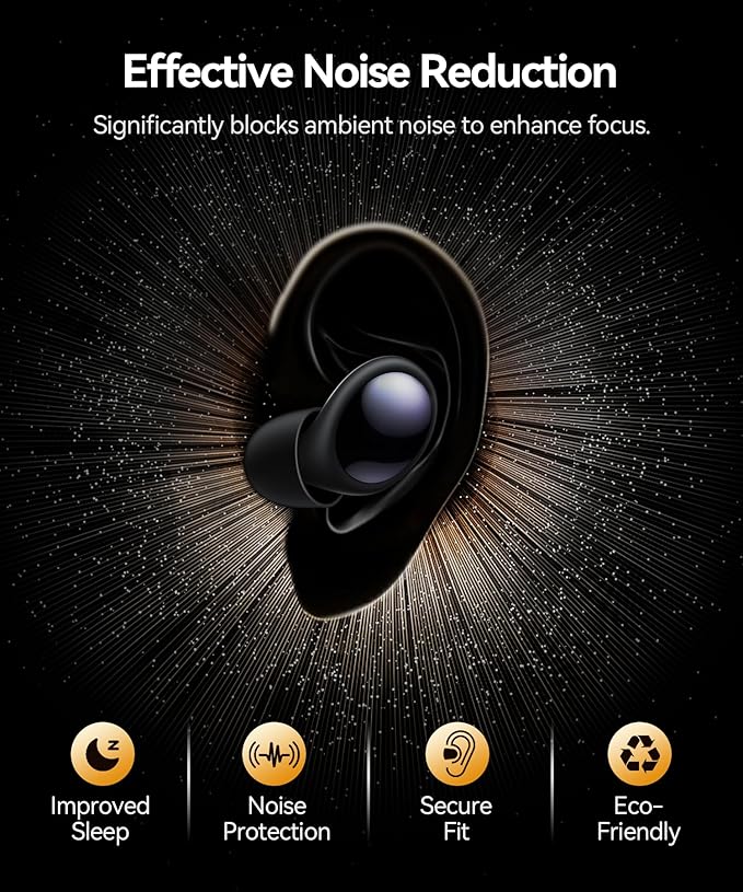 Ear Plugs for Sleeping 45dB Noise Cancelling Ear Plugs for Noise Reduction & Snoring, Concerts, Earplugs for Sleep, Sider Sleepers Airplane, Silicone Earplugs Reusable Concert Ear Plug +8Tip Obsidian