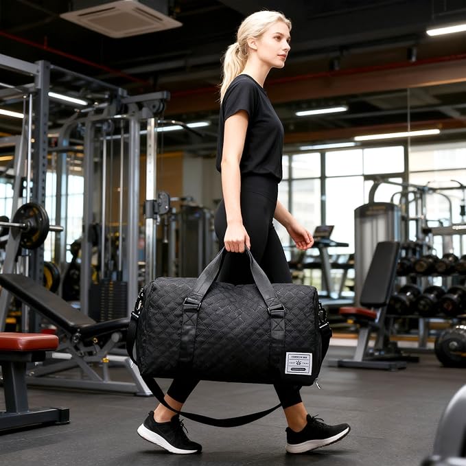 Large Foldable Gym Bag with Shoes Compartment&Wet Pocket,Hospital Bag for Women Labor Delivery,Carry On Overnight,Duffle Bags for Travel,Dance,Cheer,Yoga (Black)