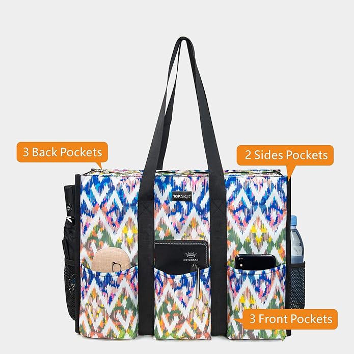 TOPDesign Utility Water Resistant Tote Bag with 13 Pockets, Top Zipper Closure & Thick Bottom Support, for Working Women
