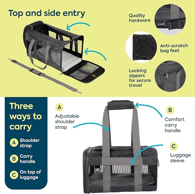 Sherpa Pet Carrier Airline Approved with Spring Wire Frame - Cat & Dog Carrier for In-Cabin Travel, Mesh Ventilation, Locking Zippers - Charcoal Grey, Large