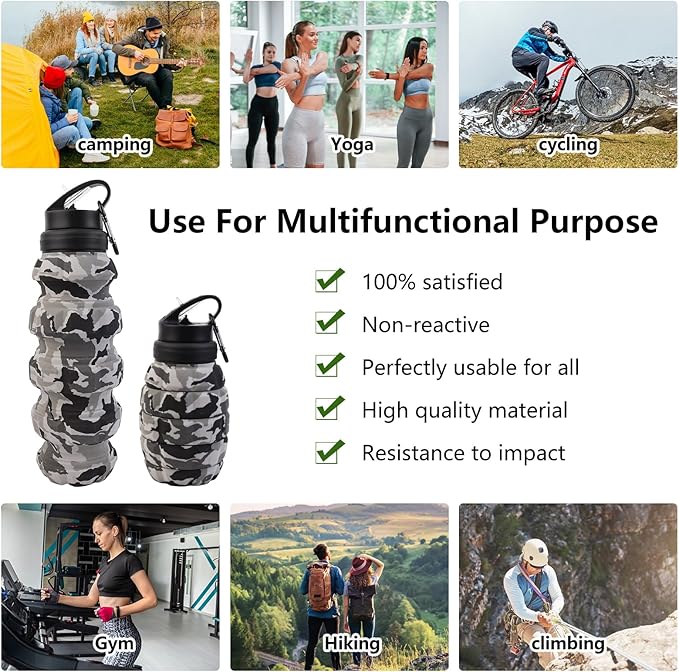 Collapsible Travel Water Bottle18oz, Reuseable Silicone Foldable Water Bottles for Gym Camping Hiking, Portable Leak Proof Sports Water Bottle with rugby Carabiner (Dark gray)