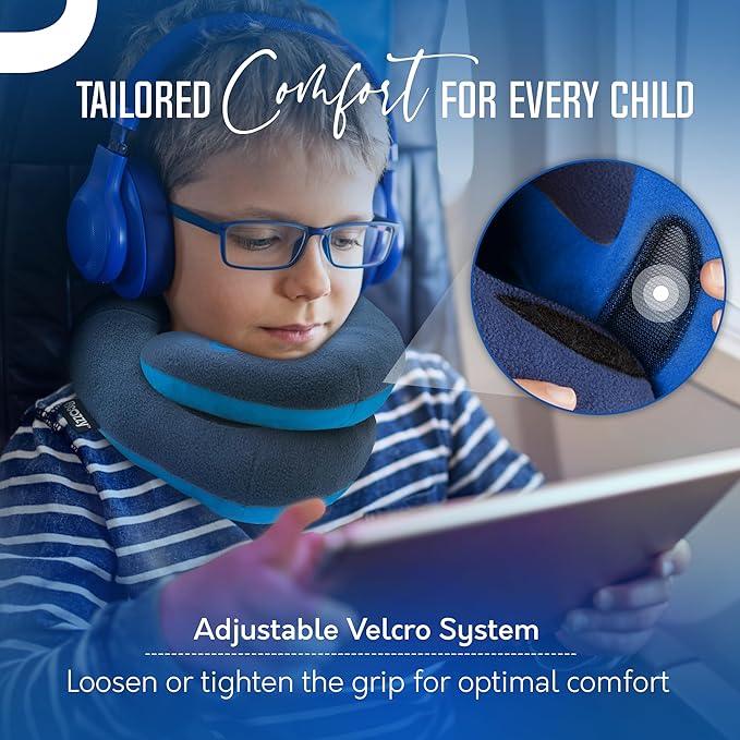 BCOZZY Kids Travel Neck Pillow (8-12 Y/O) – Patented Soft Child Pillow for Head & Chin Support in Car, Airplane, and Road Trip Sleeping. Adjustable Size. Carry Bag. Fully Washable. Medium, Navy
