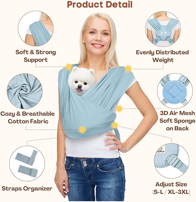 AnccoPlus Dog Carriers for Small Dogs, Front Facing Dog Sling Carrier, Hands Free Cat Carrier, Size Adjustable, Reducing Back Pain, Premium Cotton, Safe and Soft Dog Carrier (Plus, Baby Blue)