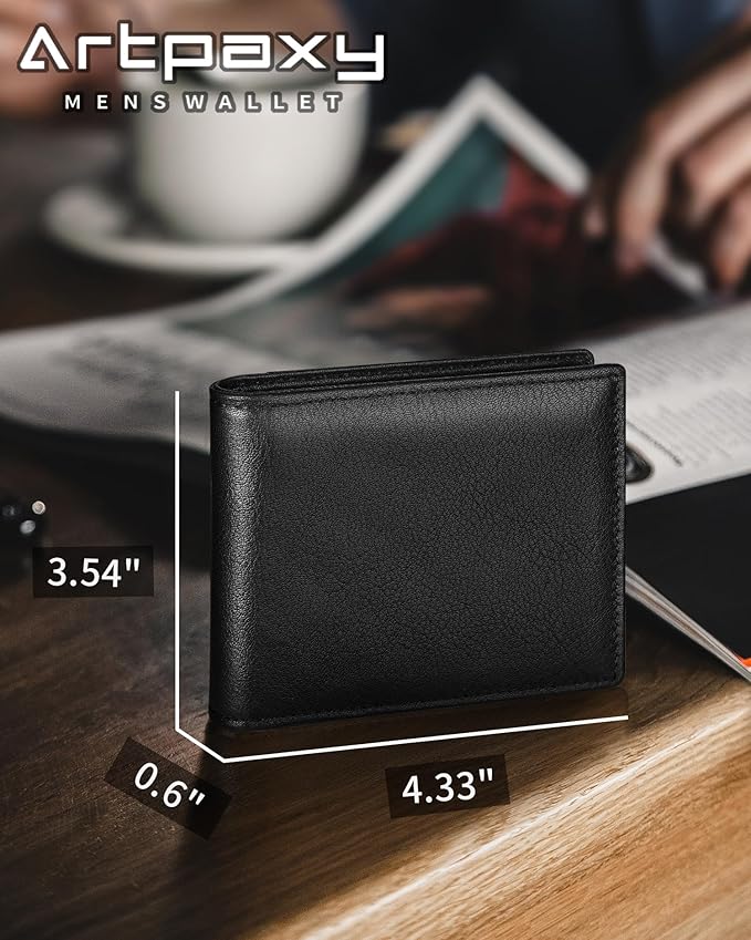 Artpaxy Mens Wallet Genuine Leather Bifold RFID Blocking Wallet for Men with 2 ID Windows 12 Card Holders 2 cash pockets 1 Gift Box
