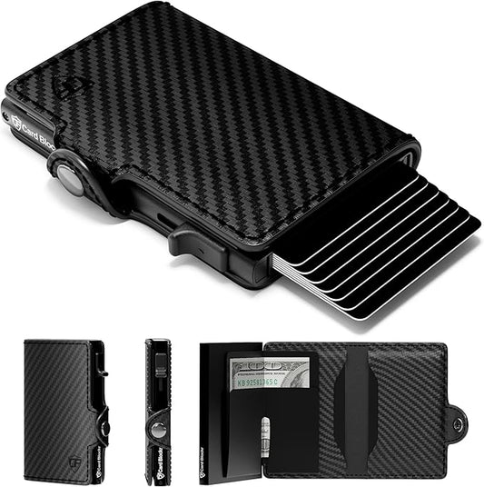 Card Blocr Pop Up Credit Card Wallet, RFID Blocking Credit Card Holder for men, Cool Wallets for Men in Carbon Wallet Design, Compact Card Holder Wallet for Secure Storage (Black PU Carbon Fiber)