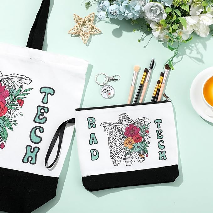 Kacctyen 3 Pcs Radiologic Technology Gifts Fine Canvas Tote Bag Cute Makeup Cosmetic Bag Radiologic Technologist Appreciation Keychains Rad Tech Gifts for Women Female Birthday