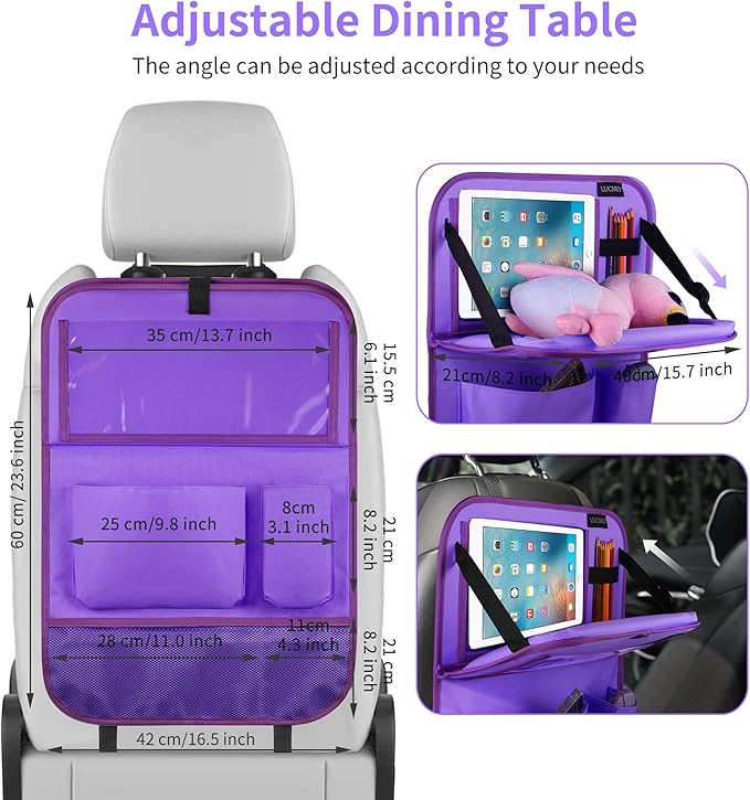 LUCMO Car Backseat Organizer with Tablet Holder,6 Storage Pockets Car Storage Organizer with Foldable Food Tray,Seat Protectors Kick Mats Travel Accessories-Dark Purple