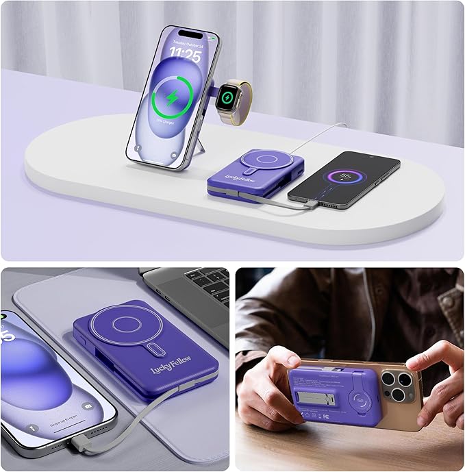 Magnetic Portable Charger Built-in Cables,10000mAh Fast Charging Wireless Charger Station External Battery Pack Slim Pocket Size Power Bank with Stand Compatible with iWatch, iPhone and Android Phones