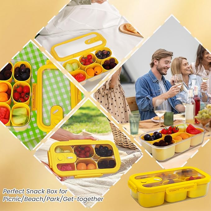 Snackle Box Container with 6 Compartments, Portable Snack Serving Tray, Reusable Food Fridge Storage Organizer, BPA-free, Perfect for Outdoor Road Travel/Party/Picnic