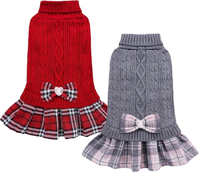 YUDODO 2 Pack Small Dog Sweater Dress with Bowtie Turtleneck - Knitted Pet Girl Dog Winter Clothes - Pet Warm Sweater for Puppy Yorkies, Chihuahua (L Red+Grey)