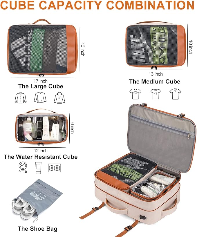 Lumesner Carry on Travel Backpacks, Extra Large 40L Flight Approved for Men & Women,Expandable Suitcase backpack (Beige (Backpack With 4 Packing Cubes))