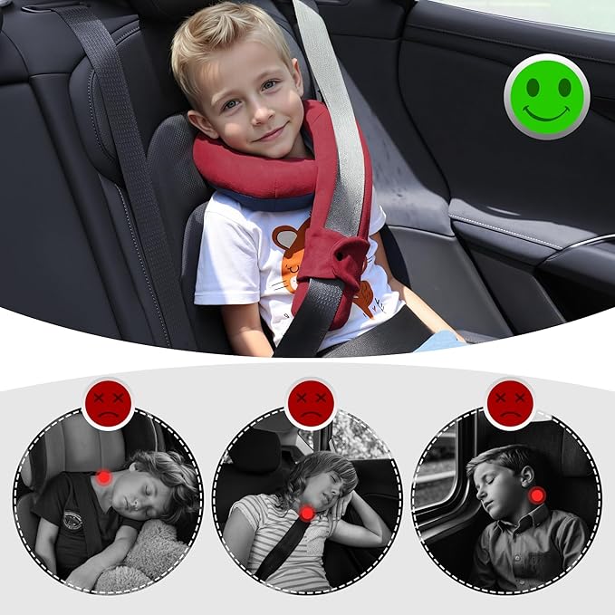 Kids Travel Neck Pillow, Comfortable Head & Chin Support for Car seat & Airplane, Toddler Pillow for Sleeping on Road Trip, Gifts for Child (Wine Red & Dark Blue)