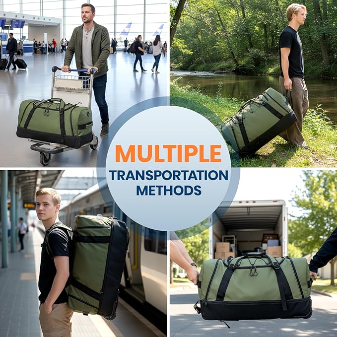 Fanwoli 85L 100L Large Rolling Duffle Bag with Shoes Compartment, 30’’ Expandable & Foldable Heavy Duty Water Resistant Travel Backpack, Convertible Foldable Duffel for Gym Camping Weekender