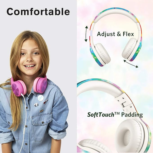 LilGadgets Connect+ Pro Wired Kids Headphones for School with Microphone, Volume Limiting Over-Ear Headset with Cord, SharePort Technology & SoftTouch Padding, Tie Dye Rainbow