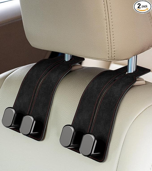AMINOR 2 Pack Car Seats Hooks for Headrest, 2-in-1 Premium Leather Car Headrest Hanger with Metal Hooks, Car Seat Back Storage Hooks for Purses, Handbags, Phone (Black)