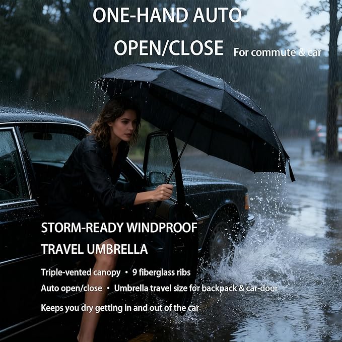 Windproof Travel Umbrella, Compact 11" Folded, Auto Open Close, Vented 42" Canopy, 9 Fiberglass Ribs, 0.98 lb Lightweight Folding Umbrella for Rain, Commuters, Travel, Gift for Men & Women