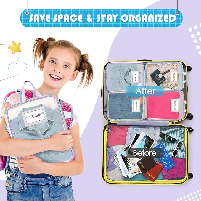 7 Pack Packing Cubes,Suitable for travel on different days of the week, storage bags with sticker labels, suitable for children's travel summer camp essentials, books, small items storage