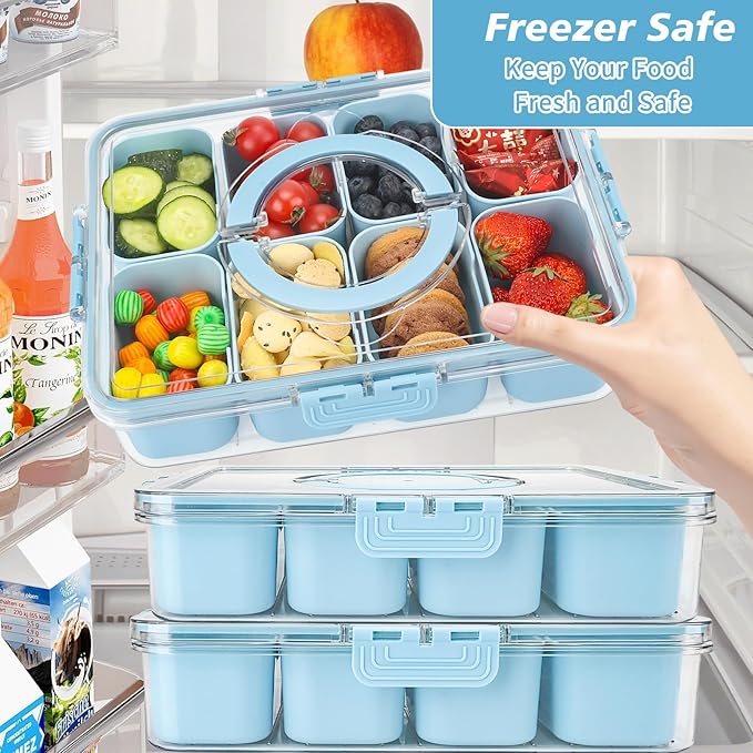 shopwithgreen Divided Serving Tray with Lid and Handle, Portable Snackle Box Charcuterie Container for Party, Veggies, Fruits, Nuts, Candy, Food Tray Platter Snack Box for Entertaining, Picnic, Blue